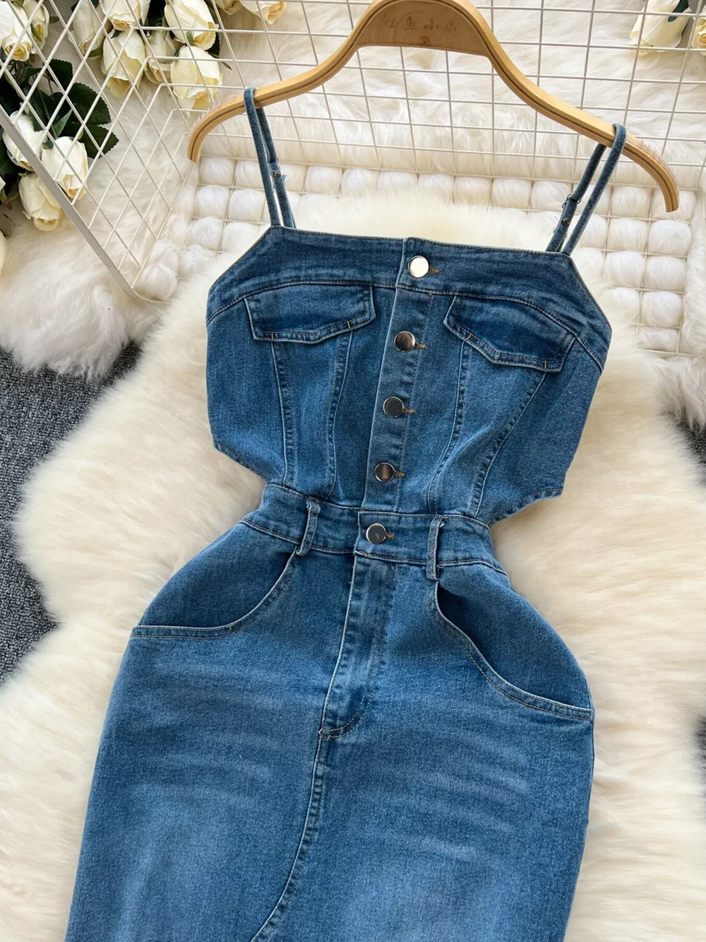 Sleeveless Frayed Hem Slit Denim Dress, image 4