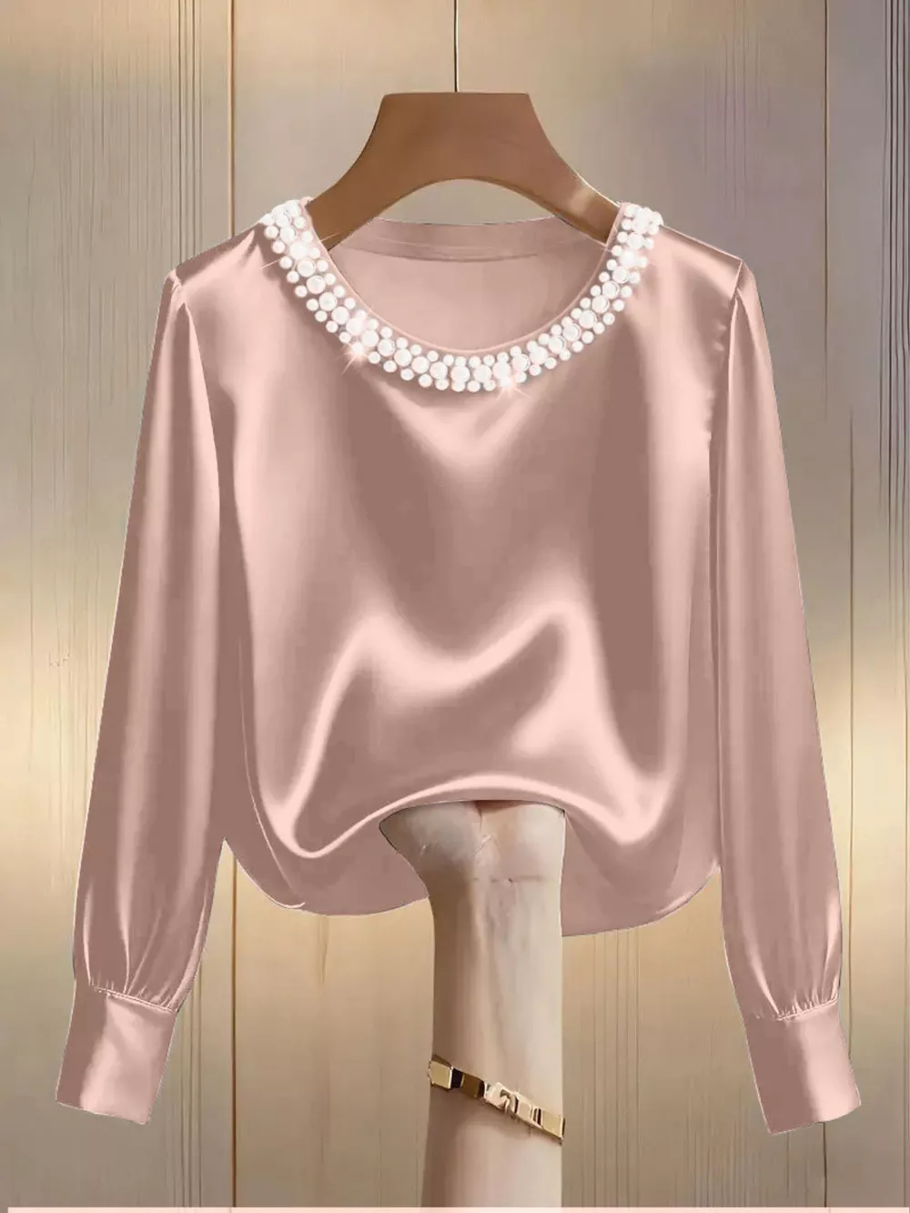 Pearl Trim Round Neck Silk Blouse, image 7