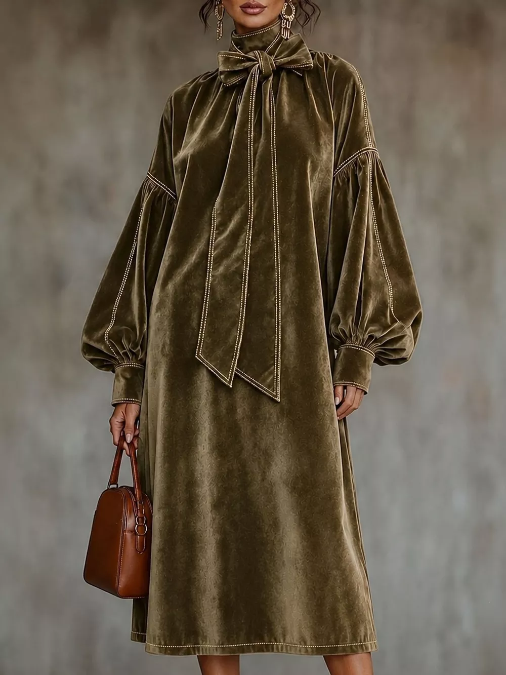 Full Size Velvet Tie-Neck Lantern Sleeve Midi Dress Plus Size, image 2