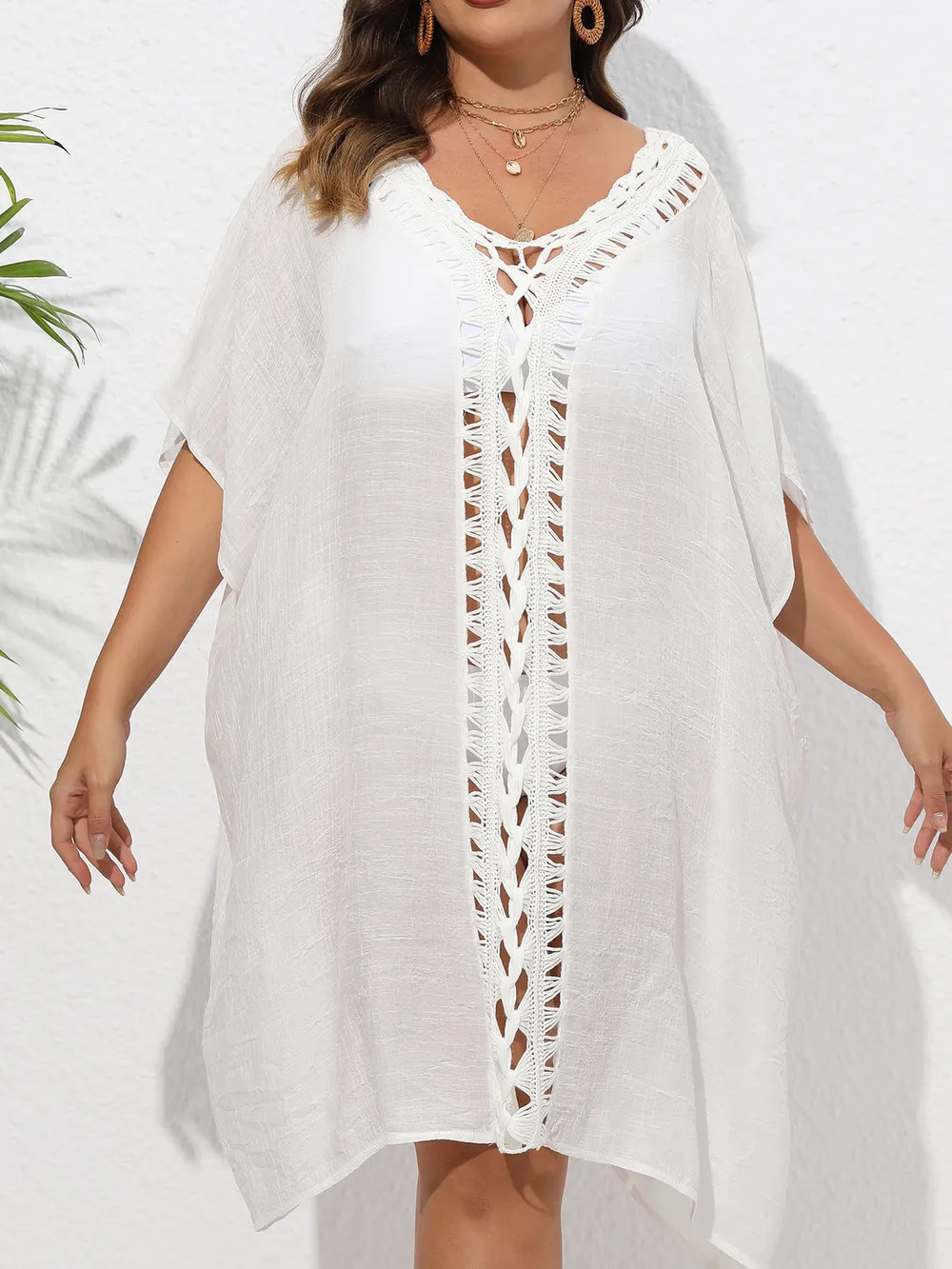 Crochet Trim V-Neck Beach Cover Up Dress, image 2
