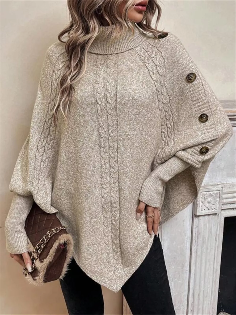 Cable Knit Turtleneck Cape Sweater, image 17