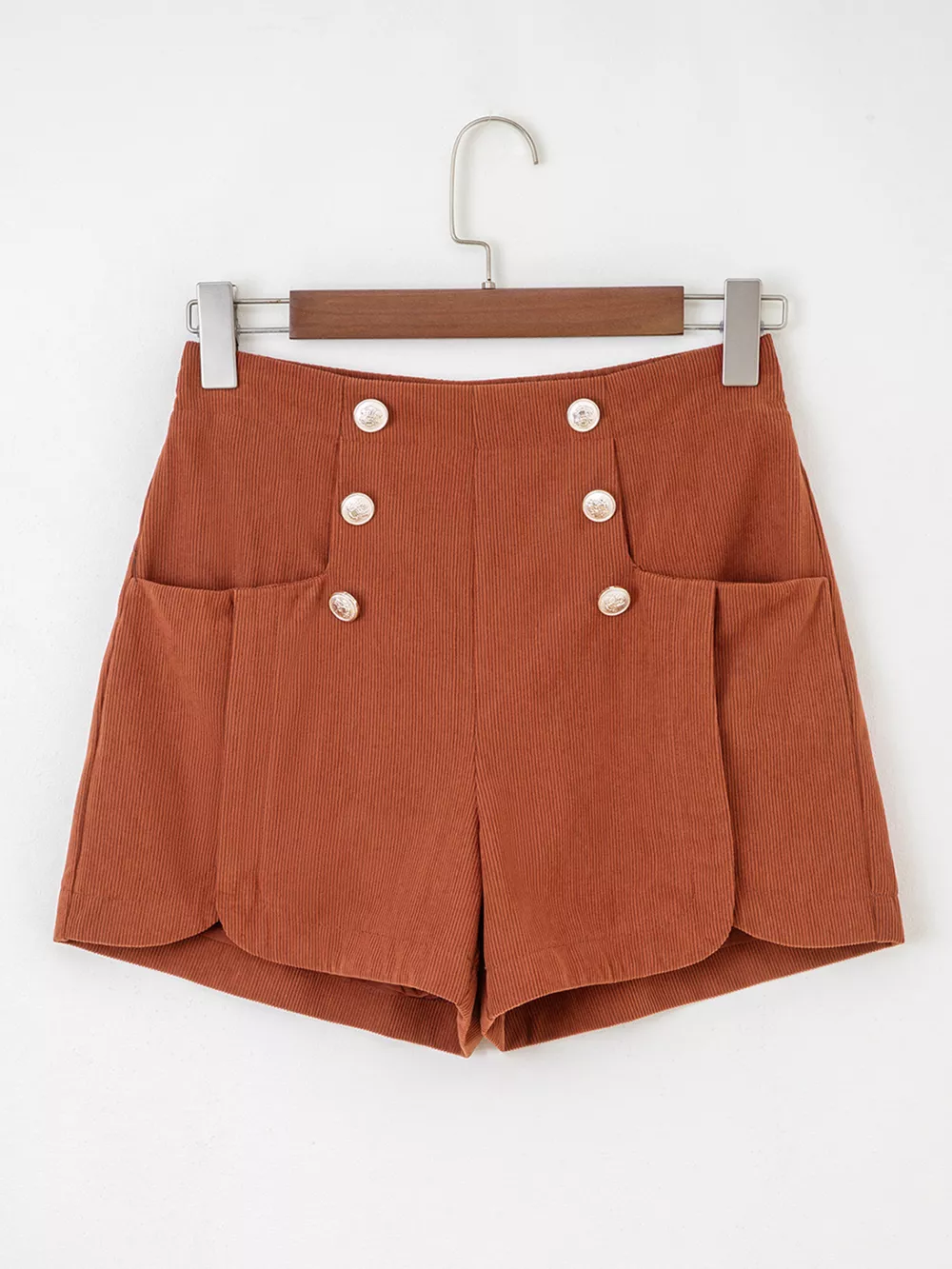 Button Decor Scalloped Edge High Waist Corduroy Shorts, image 3