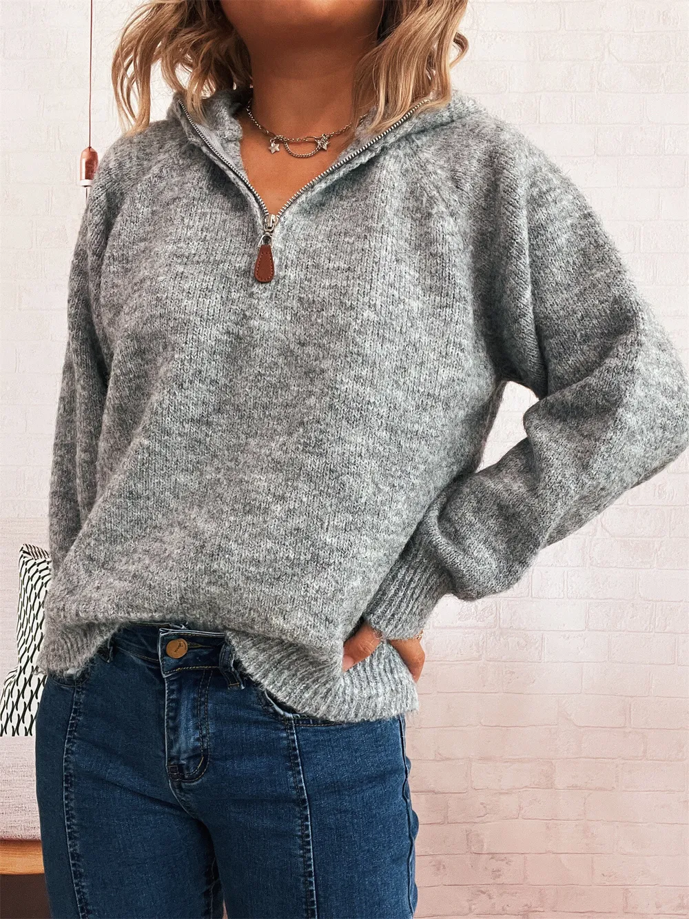 Quarter Zip Ribbed Hem Sweater, image 4