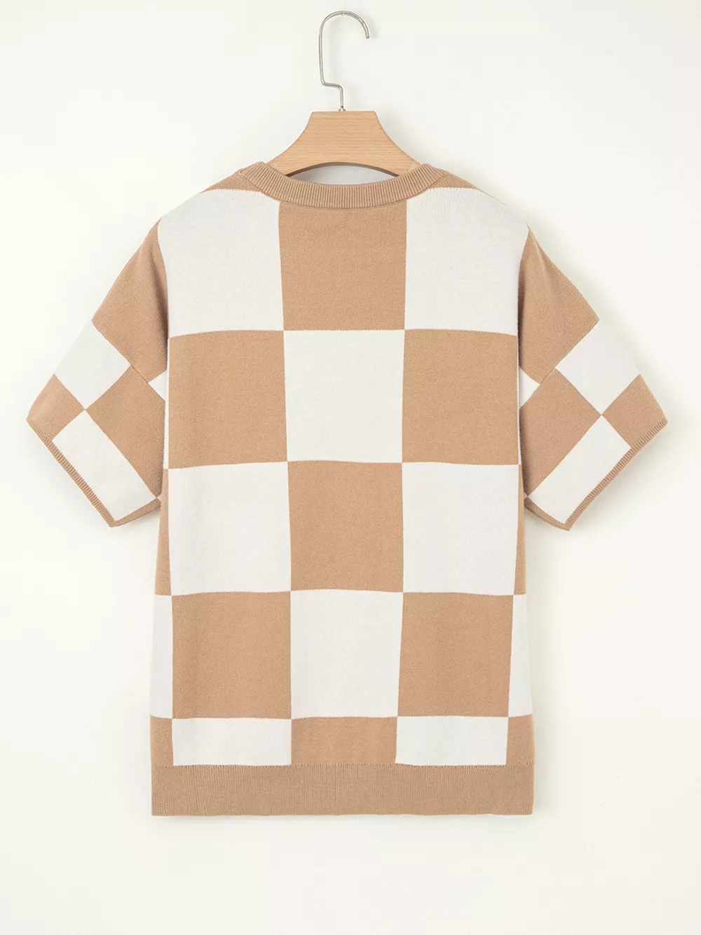 Checkered Pattern Loose Drop Shoulder Half Sleeve Sweater, image 9