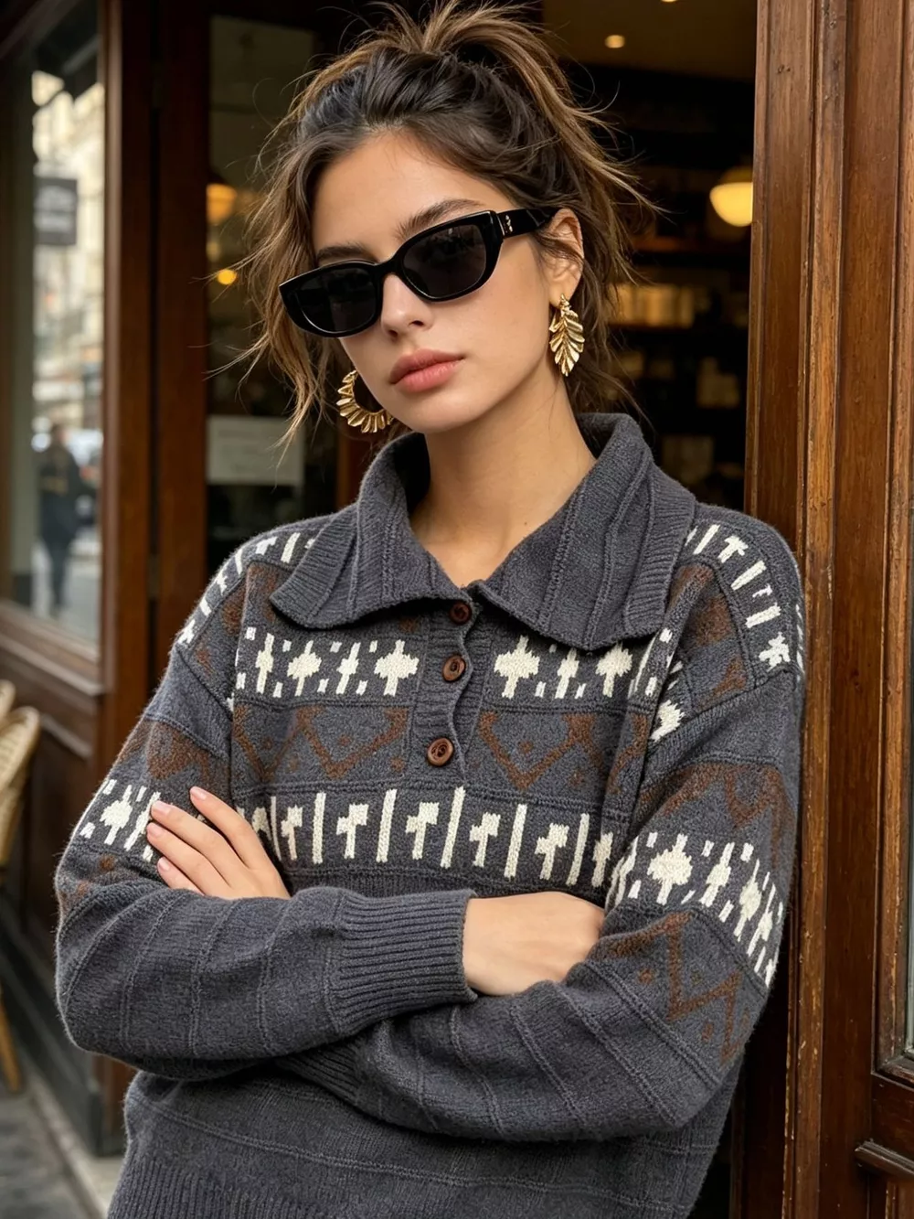 Vintage-Inspired Fair Isle Patterned Polo Sweater, image 12