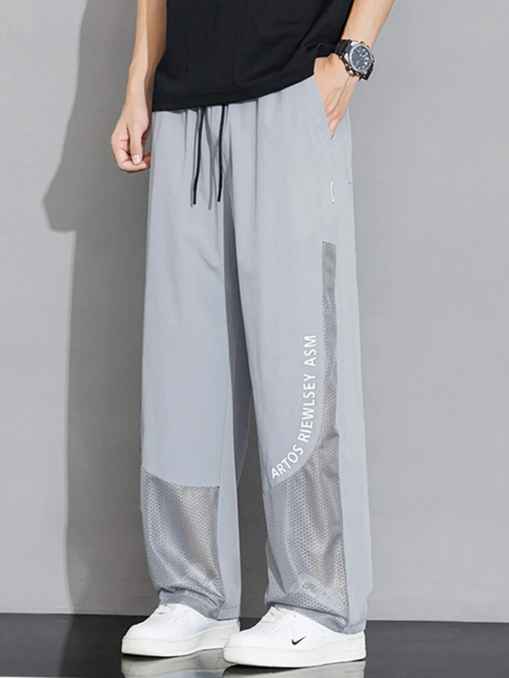 Men's Plus Size Drawstring Wide Leg Mesh Panel Pants, image 2