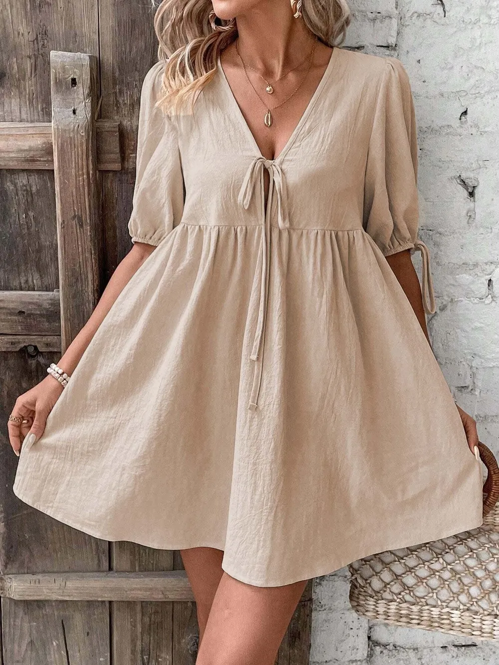 V-Neck Tie-Front Mini Dress with Puff Sleeves, image 20