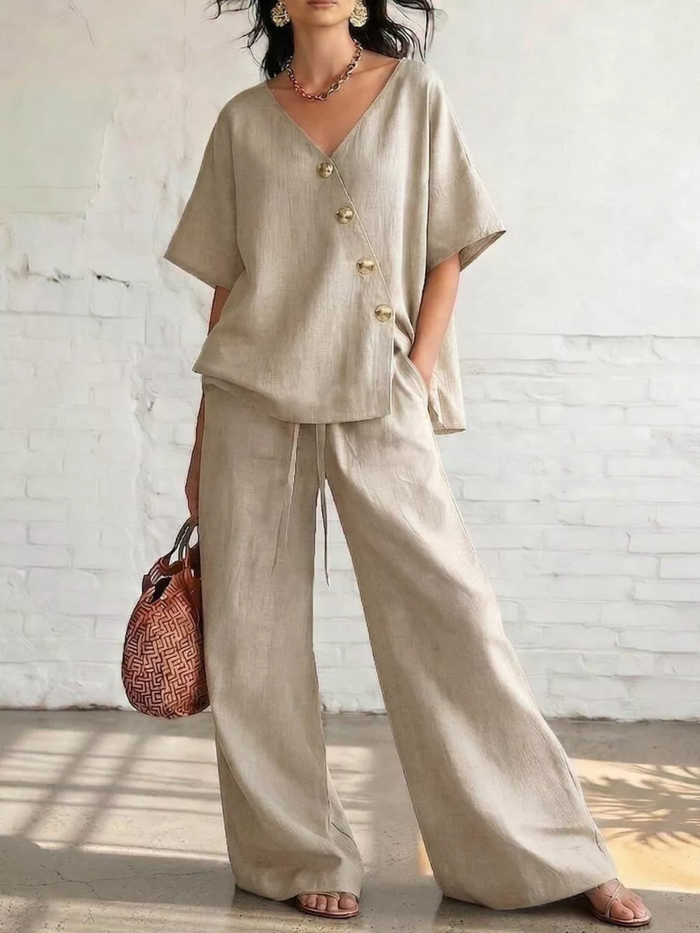 Full Size Surplice Half Sleeve Top and Wide-Leg Pants Set Plus Size, image 9