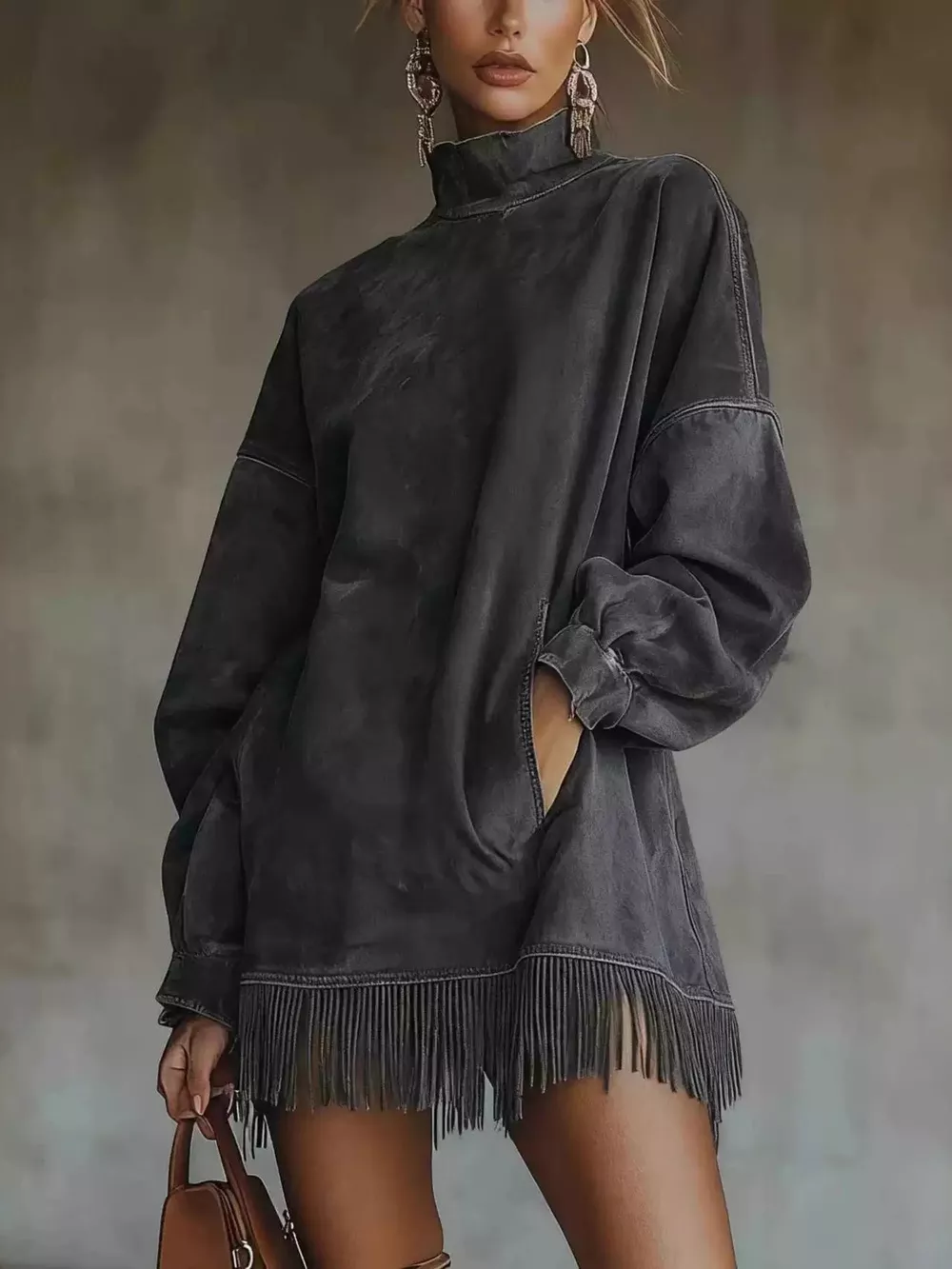 Full Size Mock Neck Fringed Hem Long Sleeve Mini Dress Plus Size, image 5