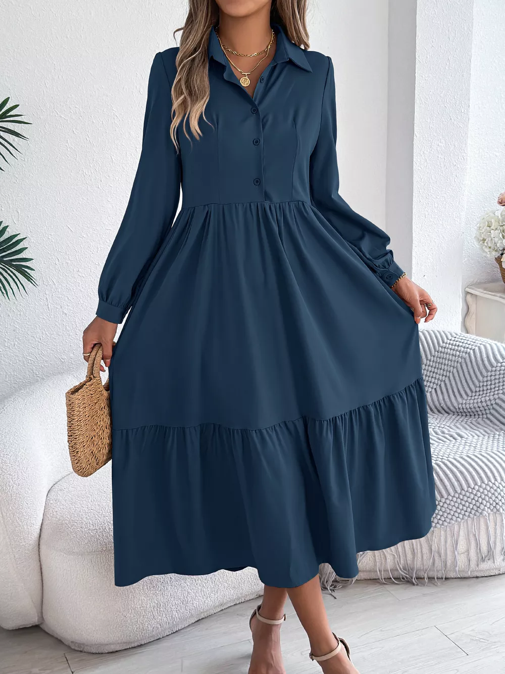 Long Sleeve Tiered Button Front Midi Dress, image 26