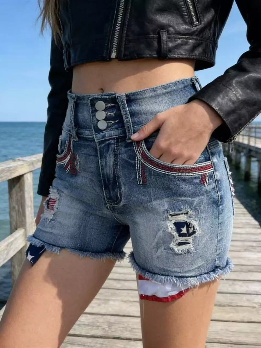 American Flag Distressed Denim Shorts, image 3
