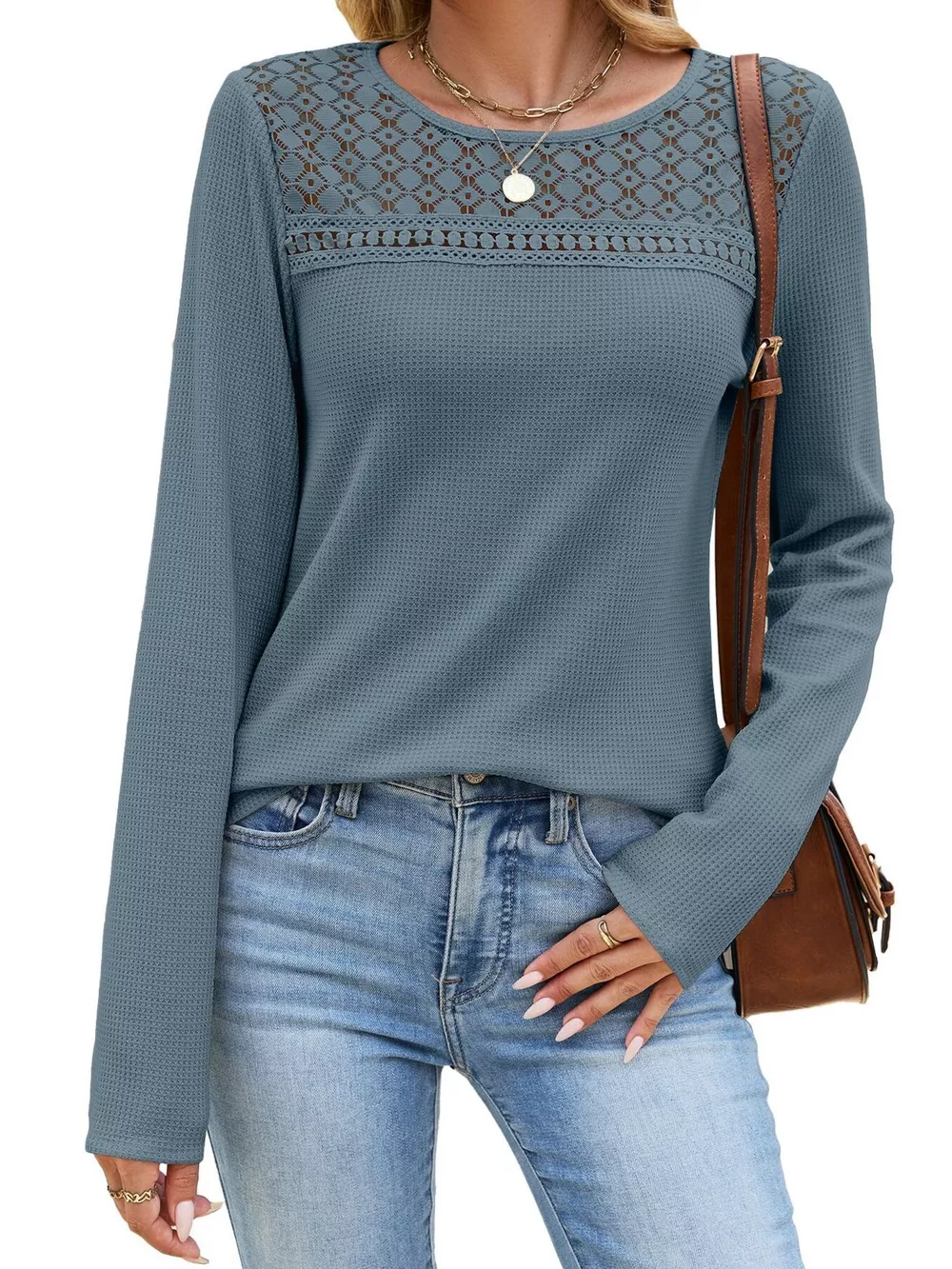 Lace Panel Waffle Knit Long Sleeve T-Shirt, image 25