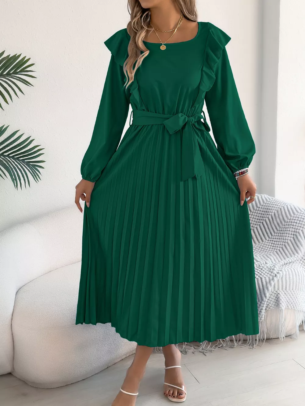 Ruffled Pleated Midi Dress with Waist Tie, image 8