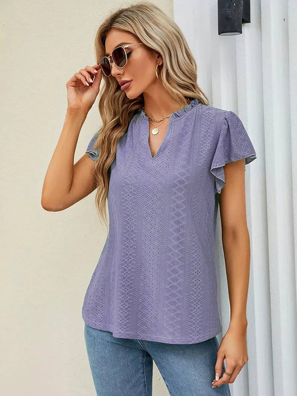 Eyelet Notched Short Sleeve T-Shirt, image 10