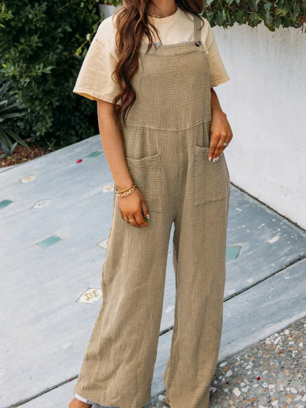 Full Size Casual Wide Leg Textured Overalls Plus Size, image 26