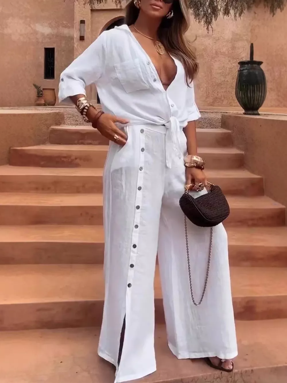 Full Size Tie-Front Shirt and Button-Down Wide-Leg Pants Set Plus Size, image 5