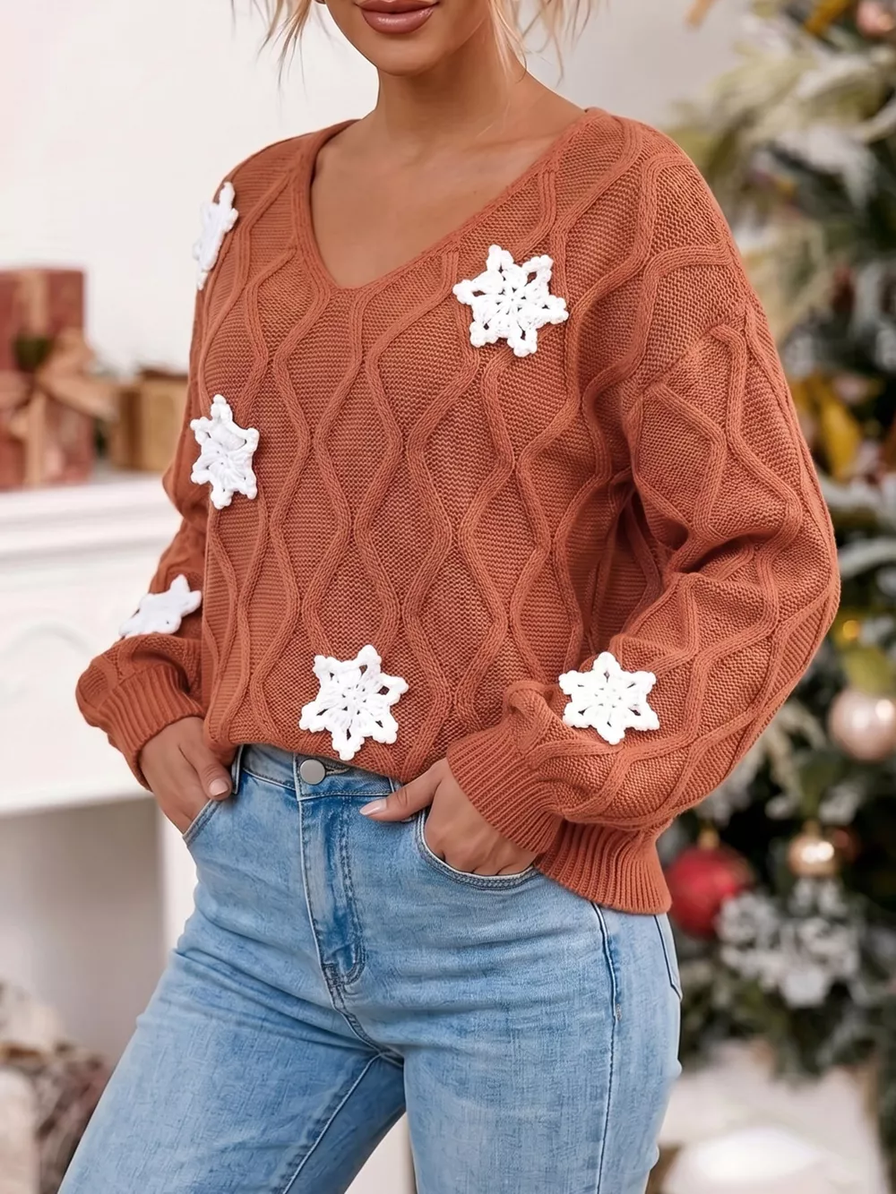Snowflake Textured V-Neck Sweater, image 3