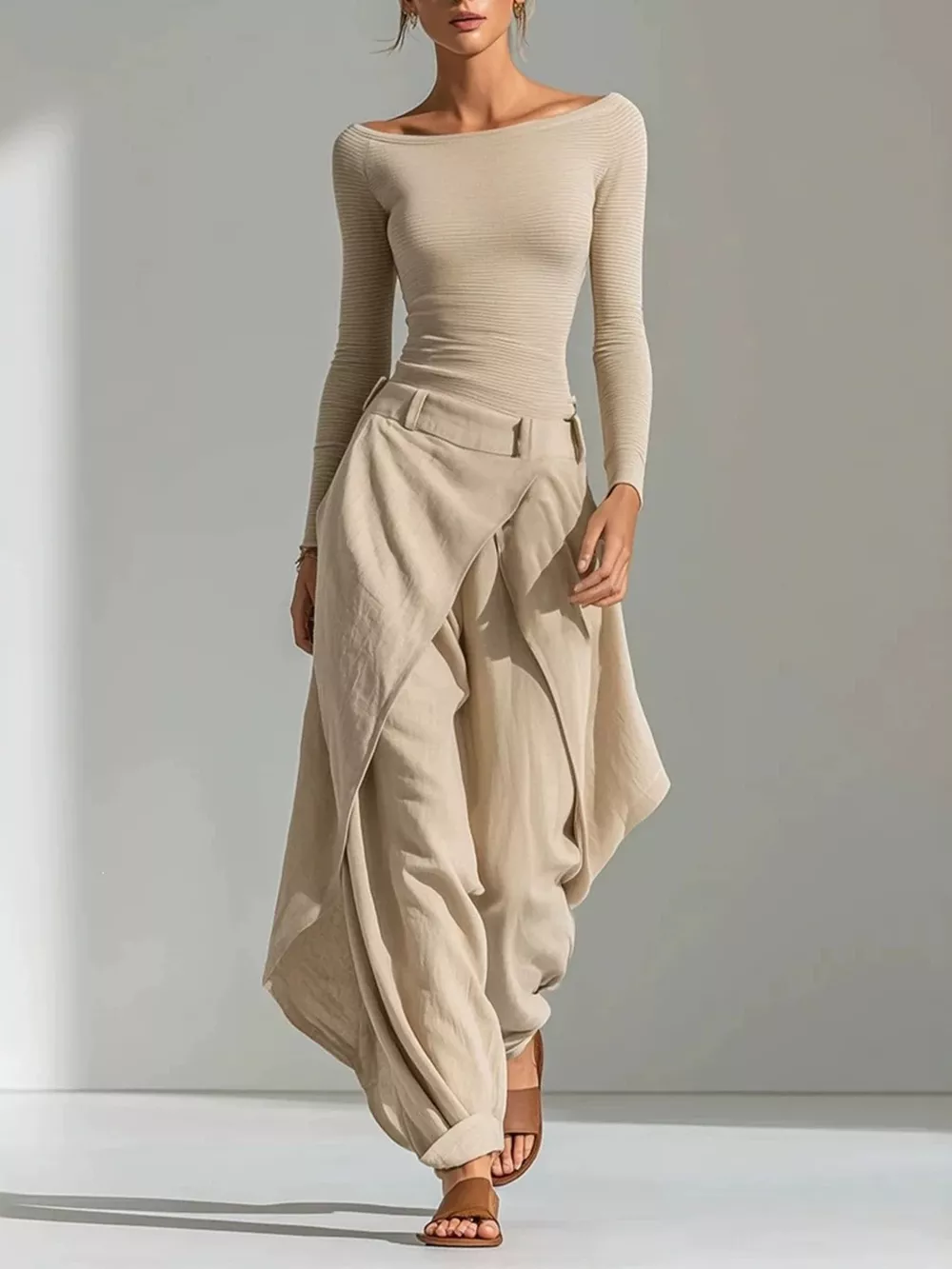 Boat Neck Long Sleeve Top and Asymmetrical Pants Set