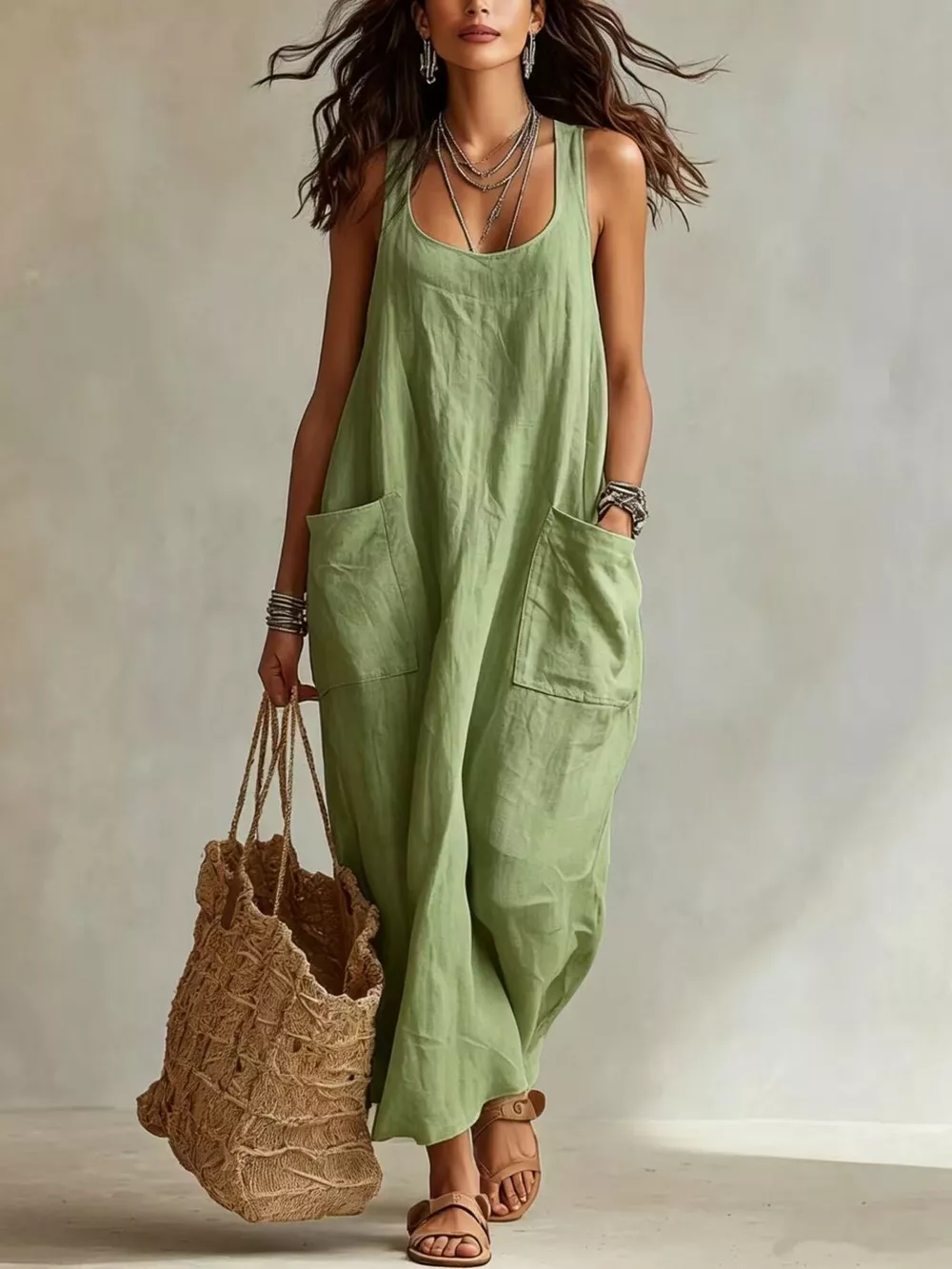 Scoop Neck Sleeveless Maxi Dress with Pockets, image 10