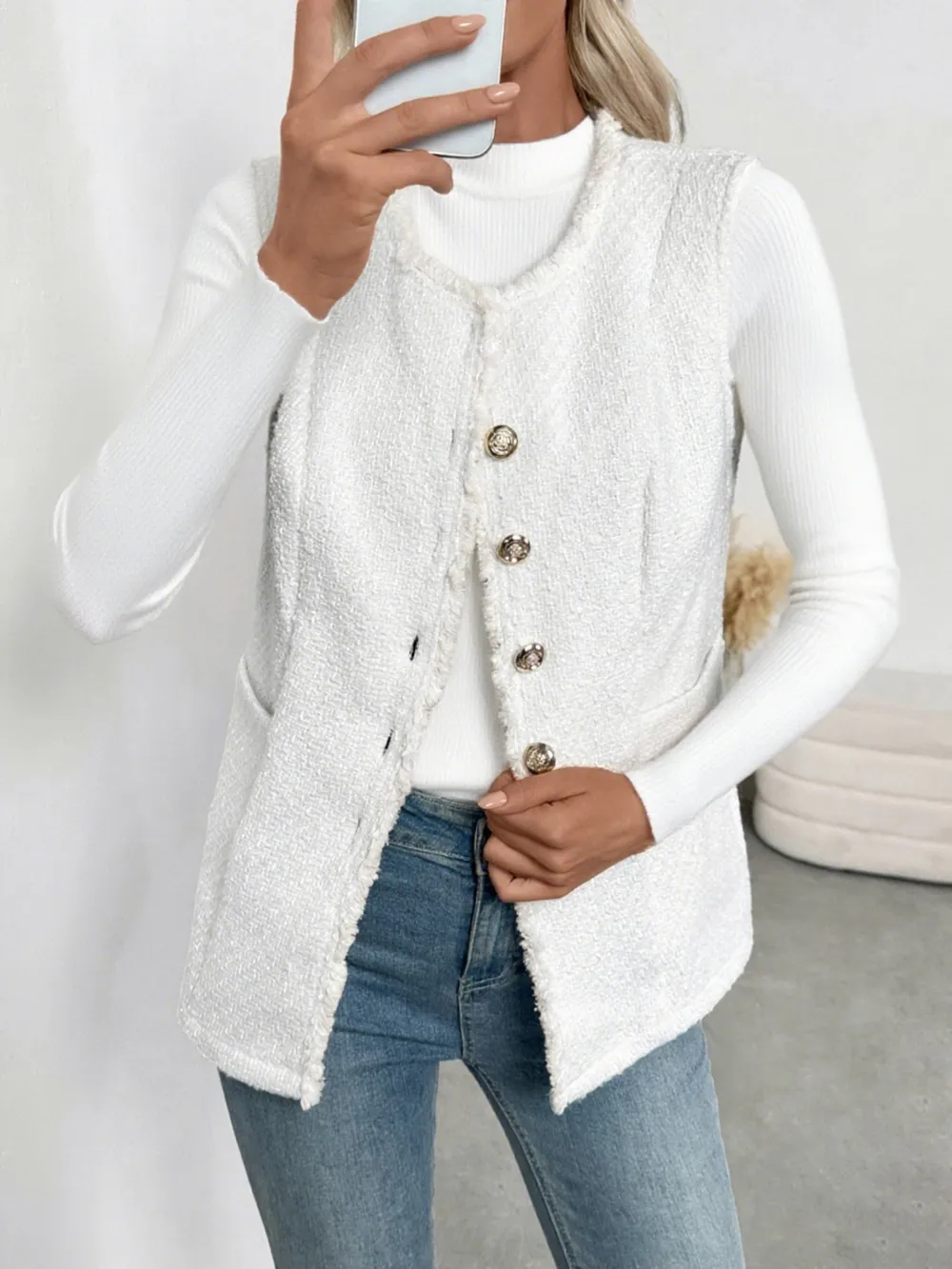 Textured Button-Front Vest with Raw Edge