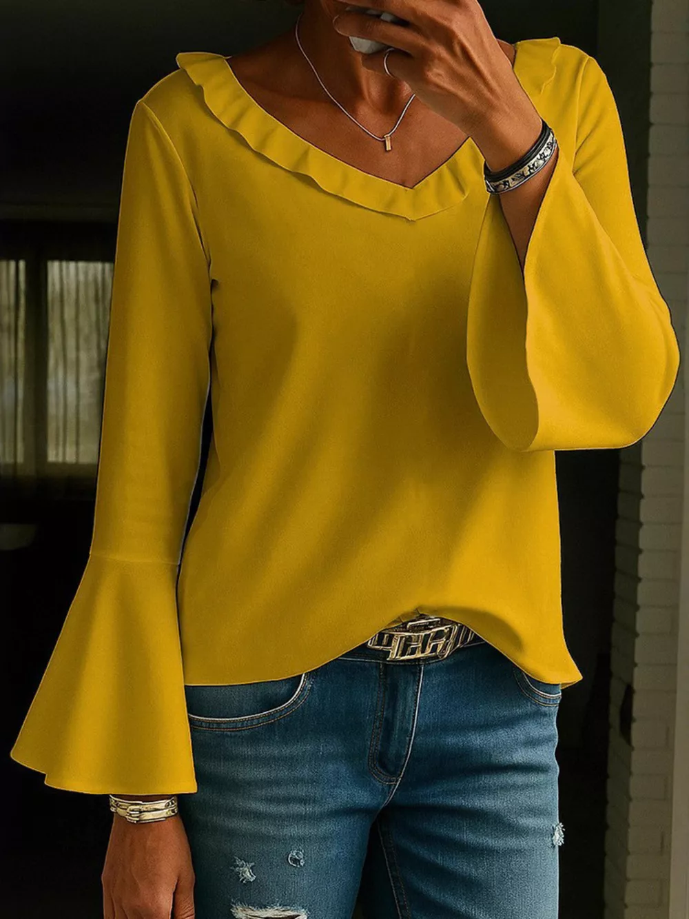 Ruffle V-Neck Bell Sleeve Blouse, image 6