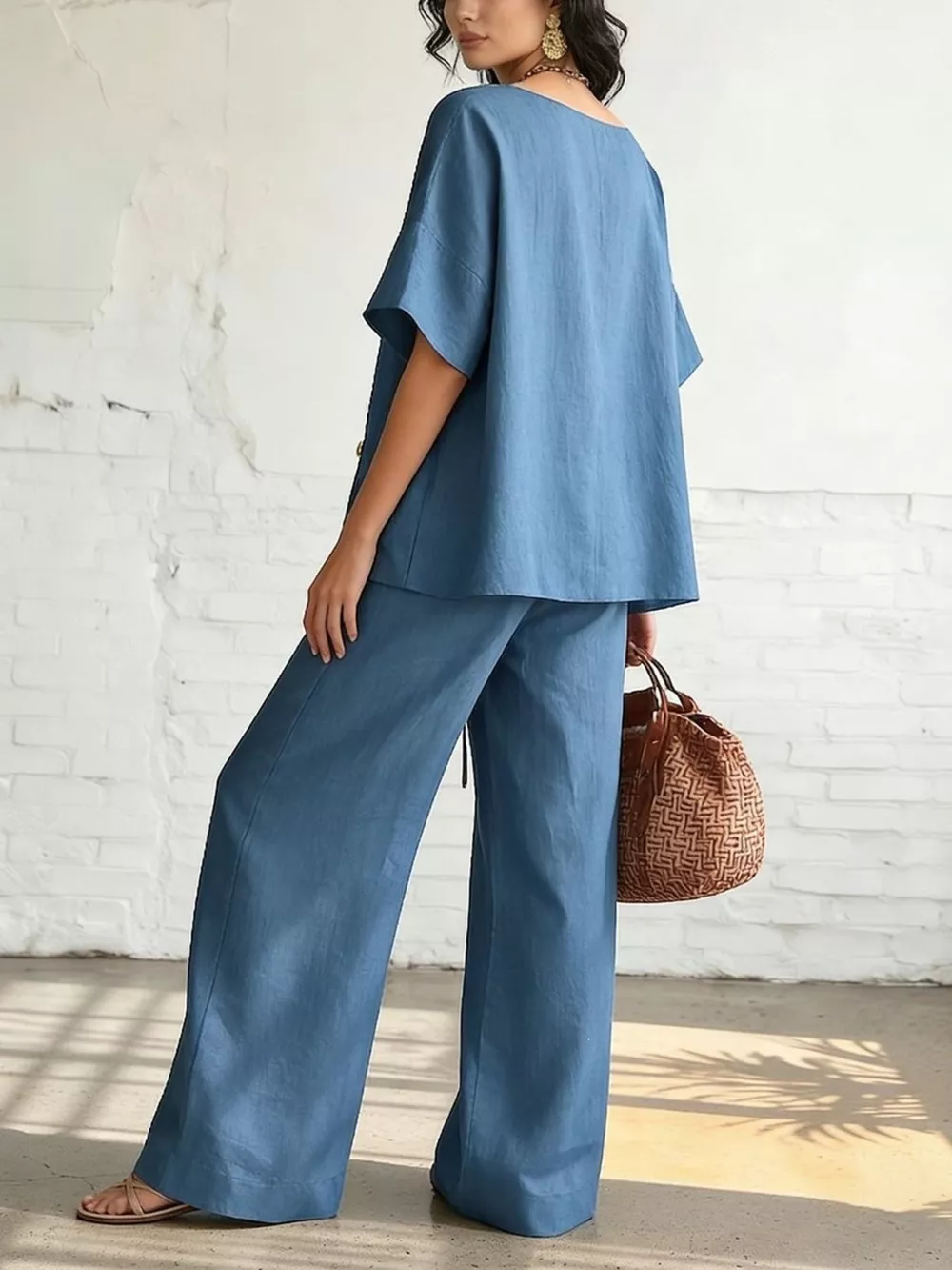 Full Size Surplice Half Sleeve Top and Wide-Leg Pants Set Plus Size, image 4