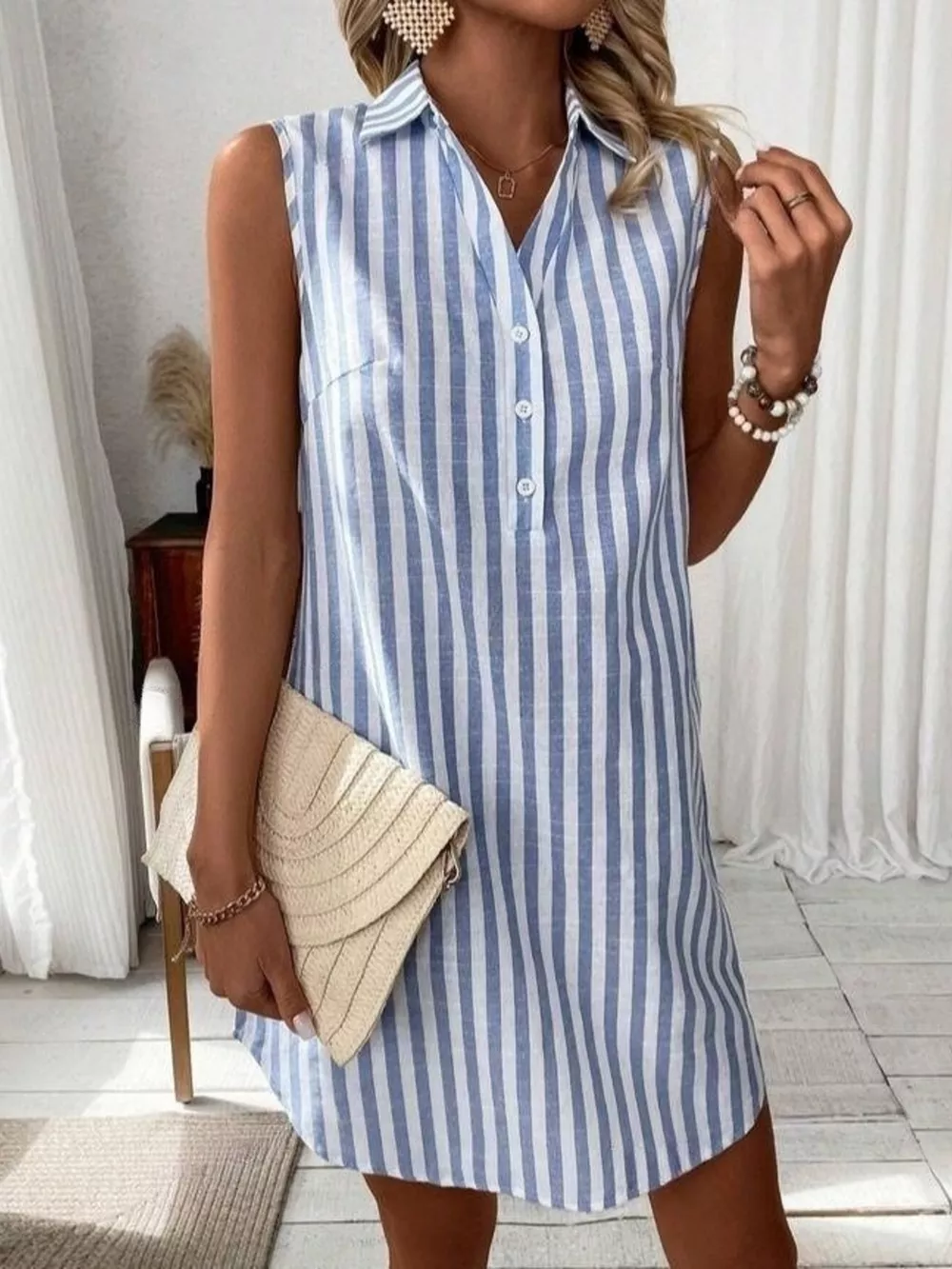 Sleeveless Striped Button Detail Shirt Dress, image 2