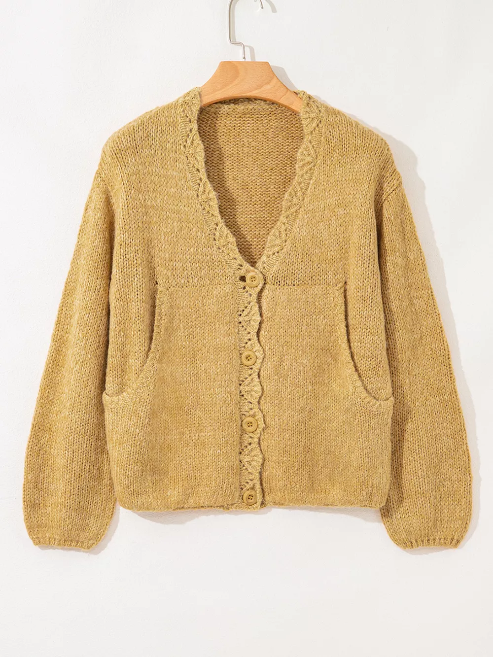 Lantern Sleeve Scallop V Neck Buttoned Front Cardigan, image 10