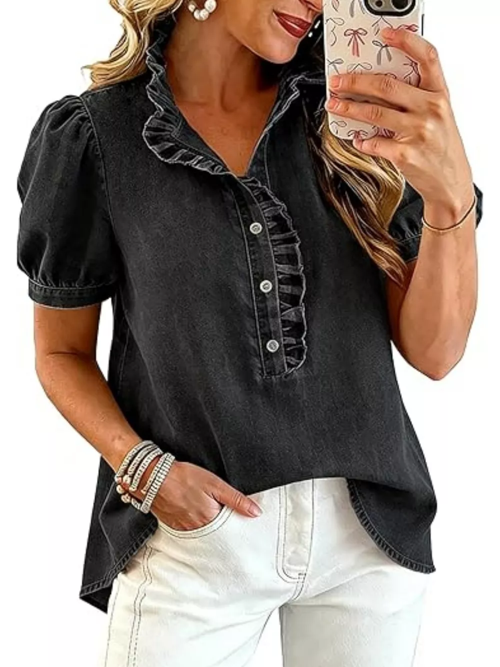 Frill Puff Sleeve Denim Top, image 3