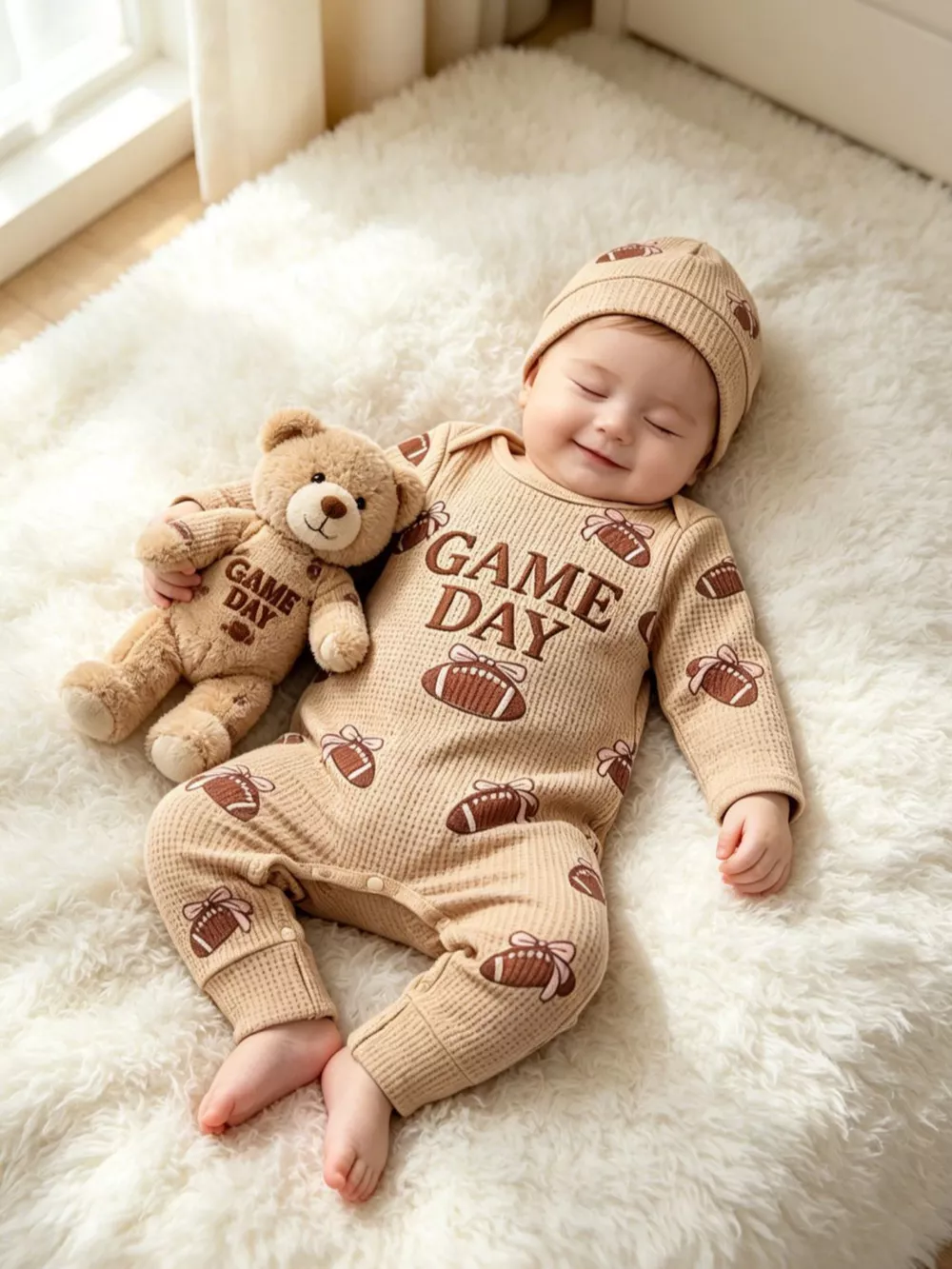 Children's Football Print Game Day Long Sleeve Jumpsuit and Hat Set, image 3