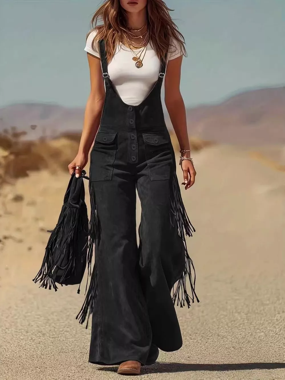 Fringe Detail Flare Leg Overalls, image 5