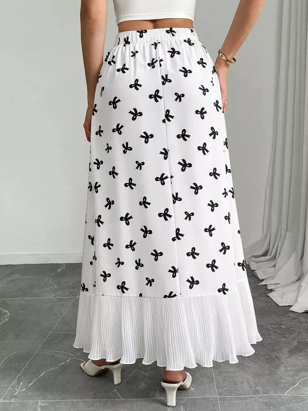 Bow Print Ruffle Hem Flowy Maxi Skirt, image 2