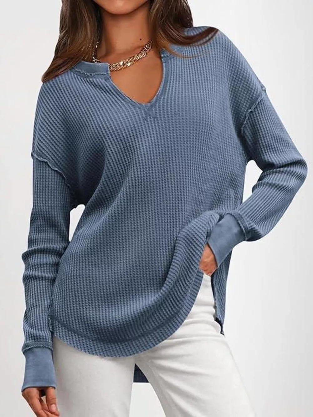 Slit Notched Long Sleeve T-Shirt, image 24