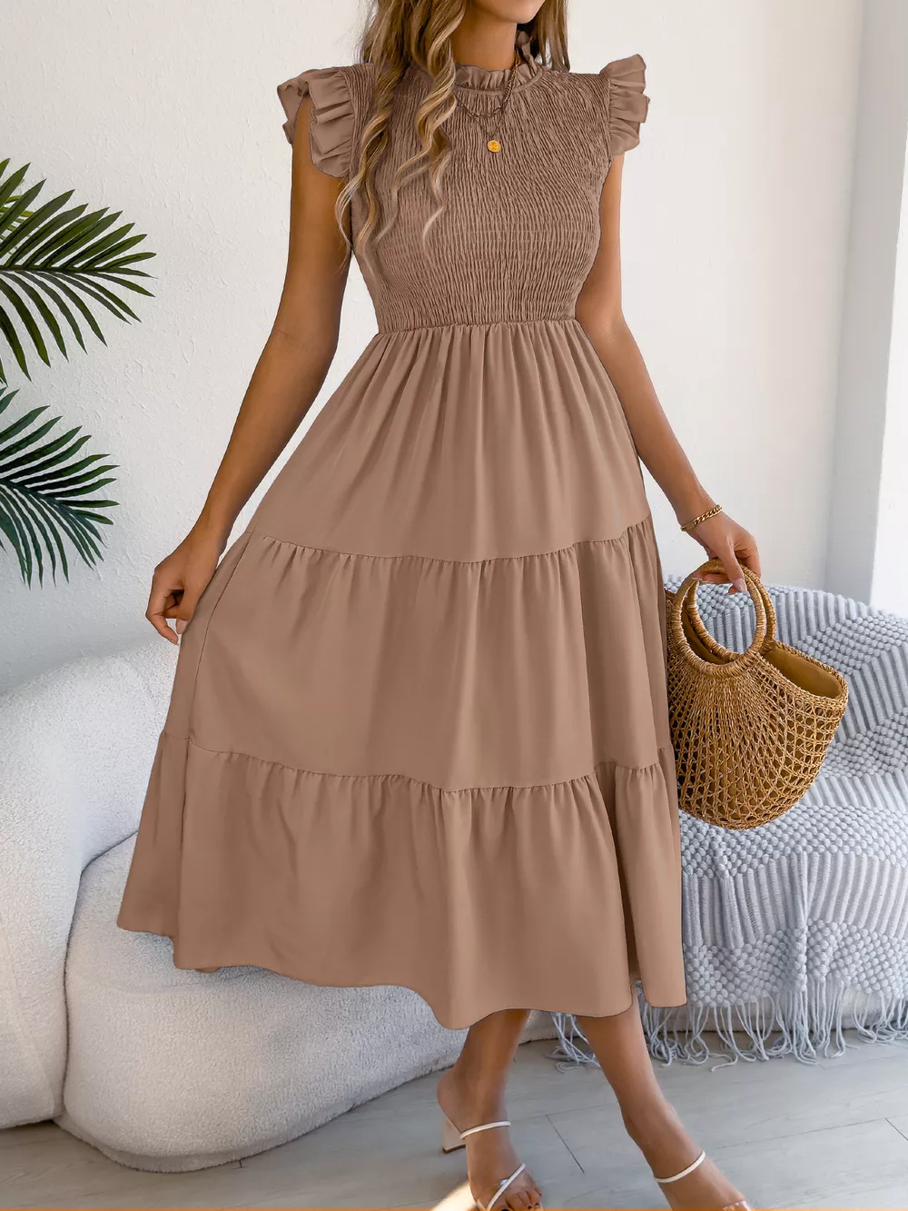 Smocked Ruffled Cap Sleeve Dress, image 13