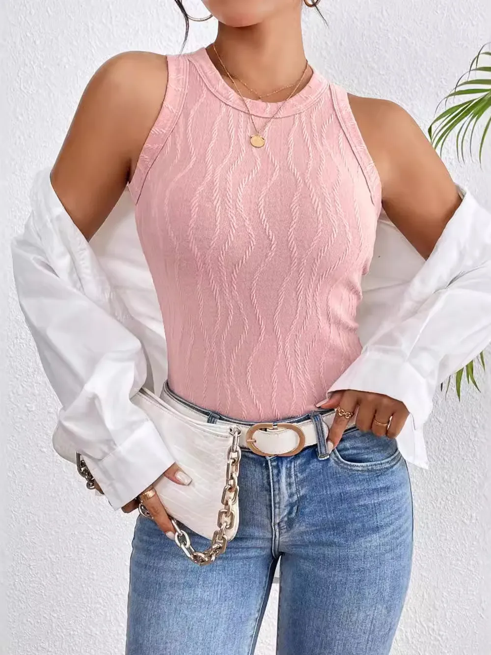 Textured Round Neck Tank Top, image 2