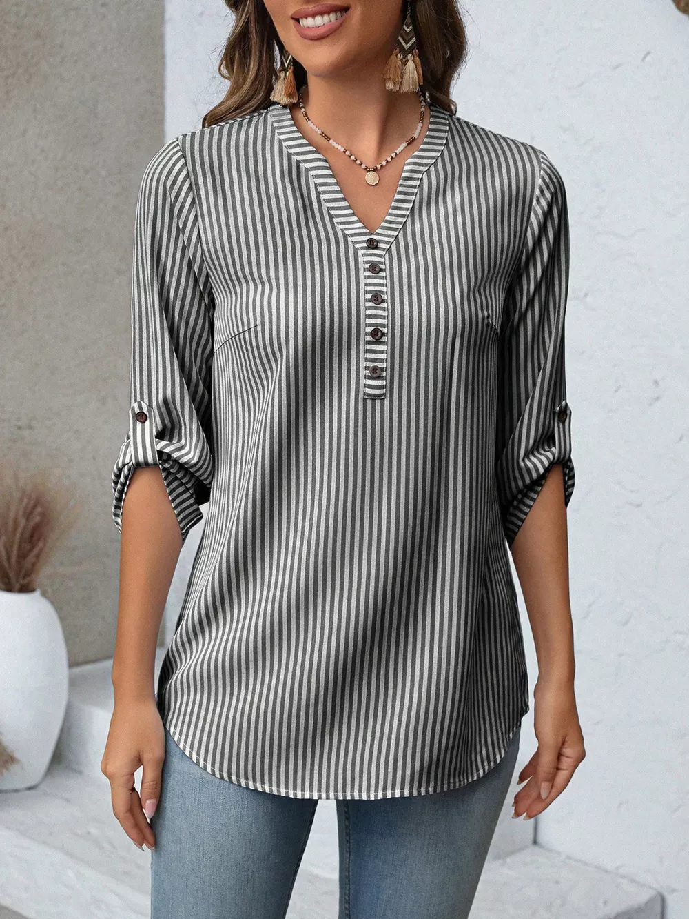 Striped V-Neck Roll-Up Sleeve Blouse, image 9