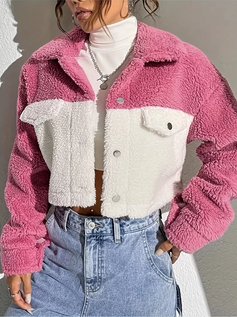 Two-Tone Plush Cropped Jacket, image 4