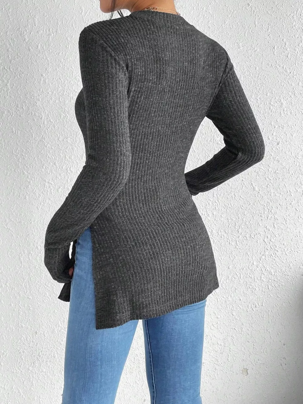 Slit Round Neck Long Sleeve T-Shirt, image 5