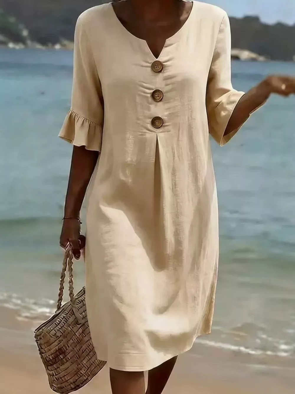 Full Size Casual Decor Button Dress with Ruffle Sleeves Plus Size, image 11