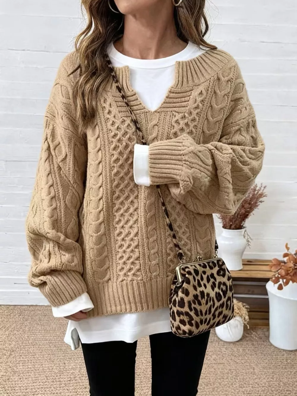 Full Size Cable Knit Dropped Shoulder Sweater Plus Size, image 5