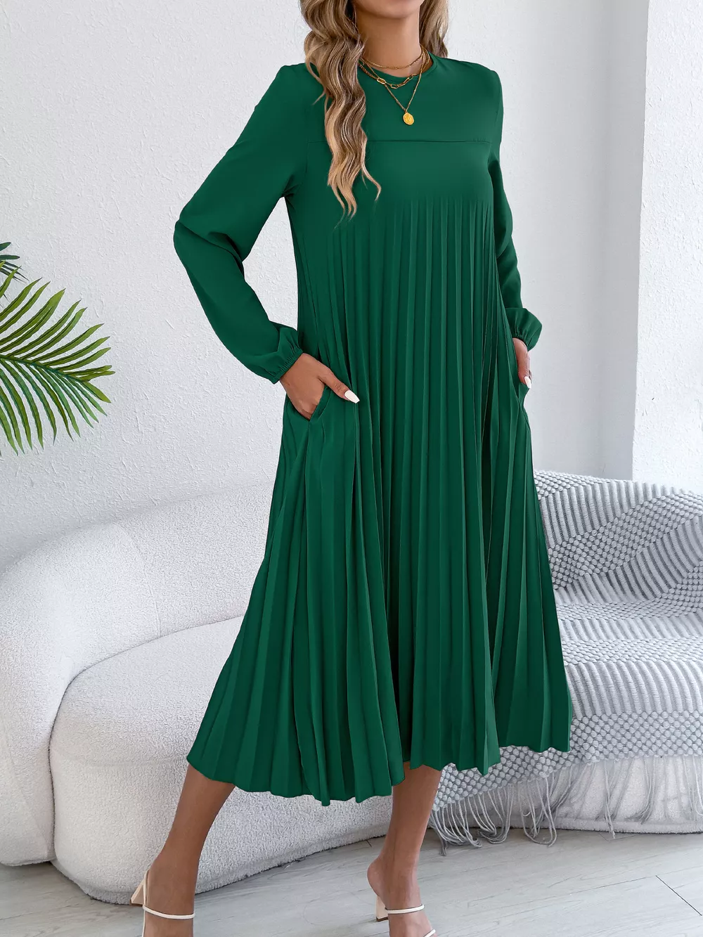 Pleated A-Line Midi Dress, image 13