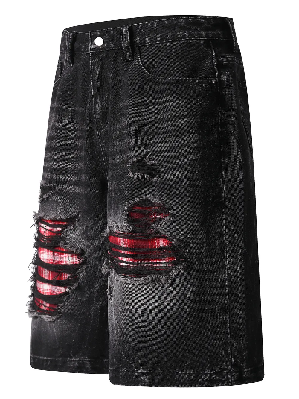 Men's Distressed Denim Shorts with Plaid Patches, image 2