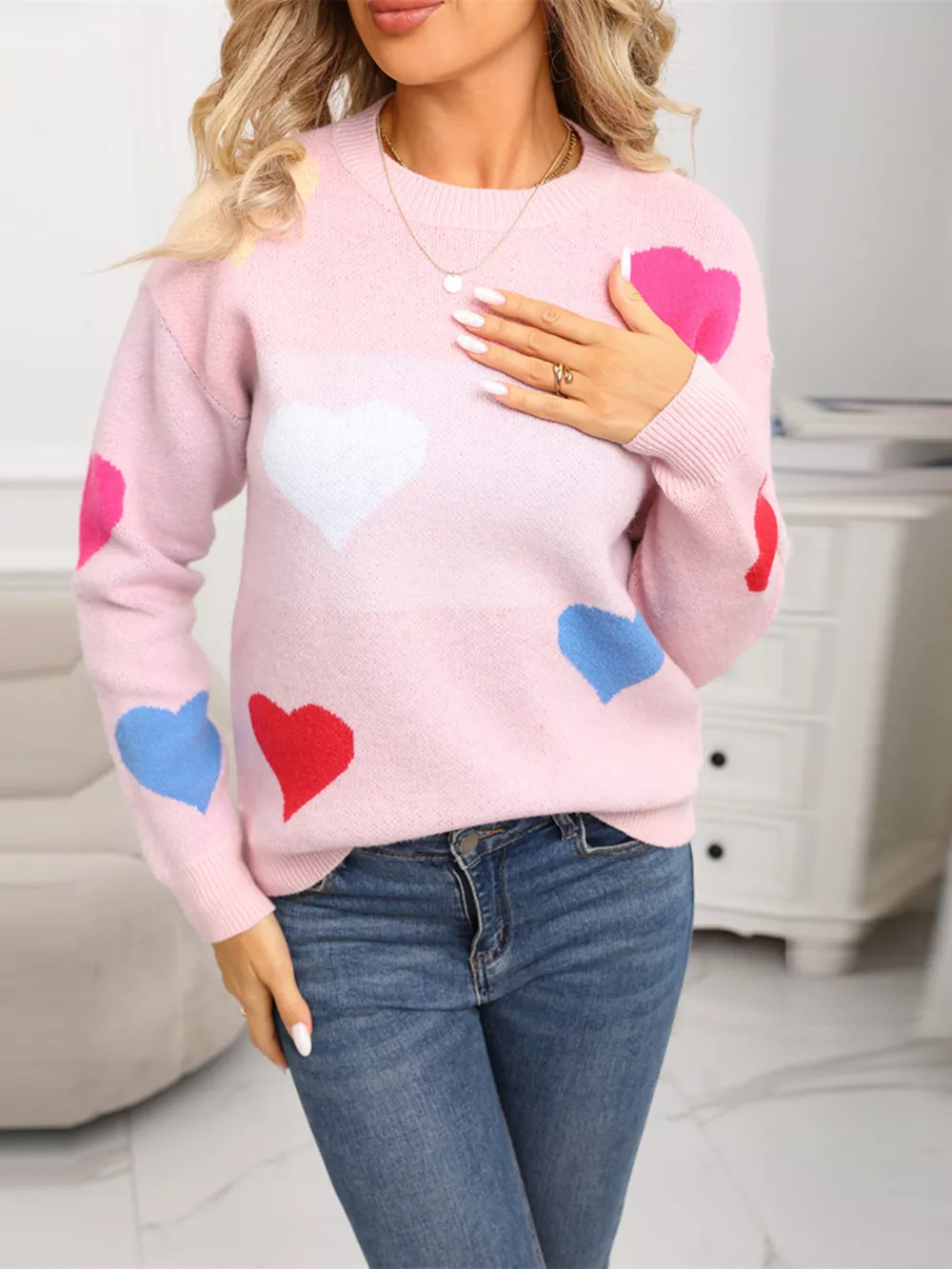 Valentine's Day Heart Round Neck Dropped Shoulder Sweater, image 2