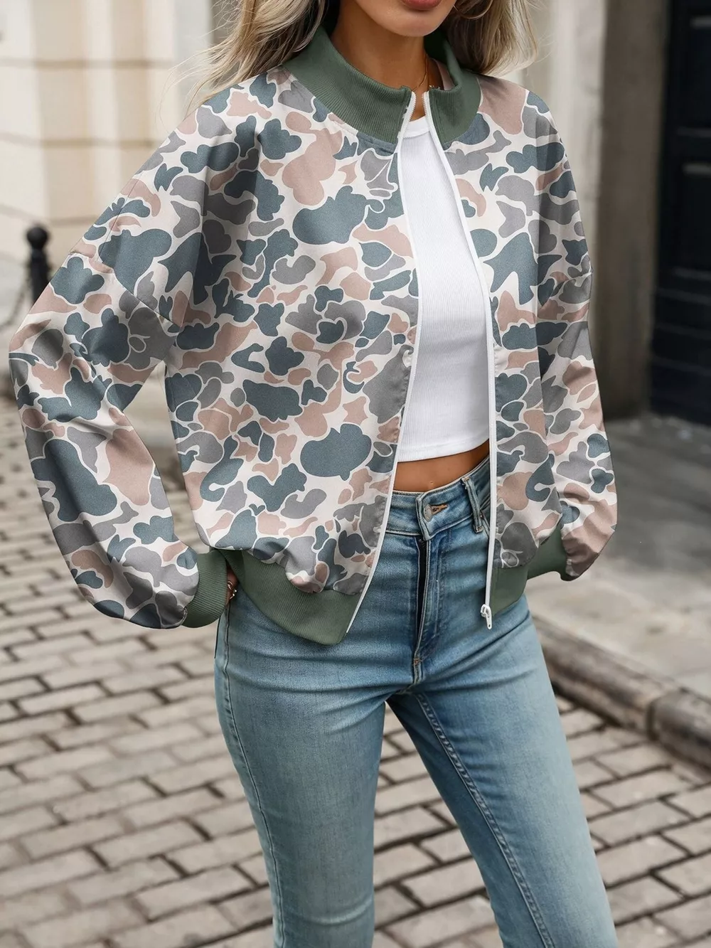 Printed Zip Up Long Sleeve Sweatshirt, image 13
