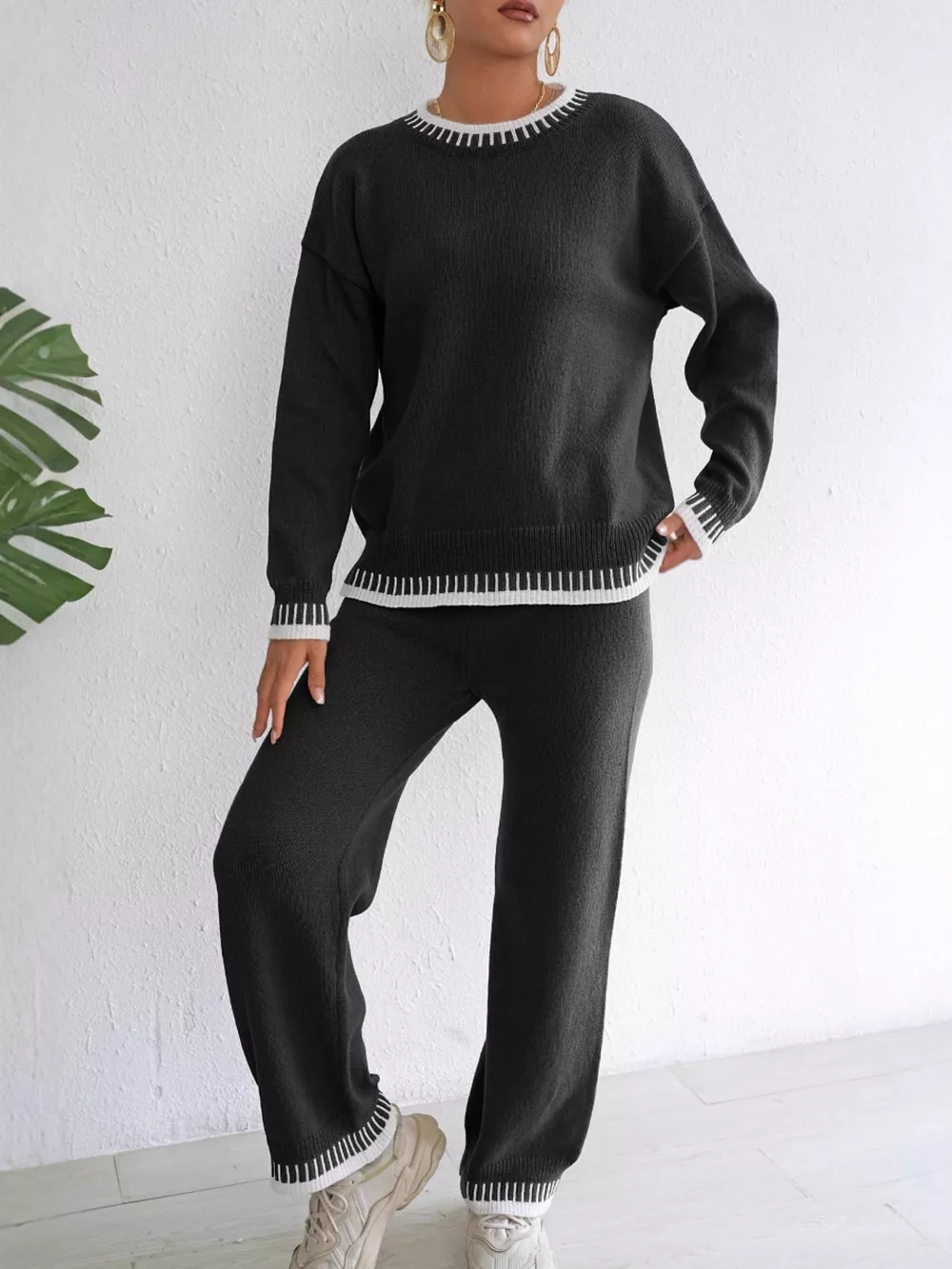 Contrast Trim Crew Neck Sweater and Pants Set, image 10