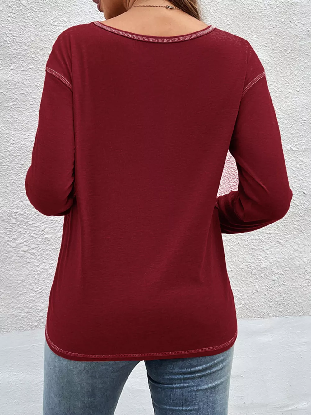 Casual Long Sleeve Exposed Seam T-Shirt with Decor Button, image 20