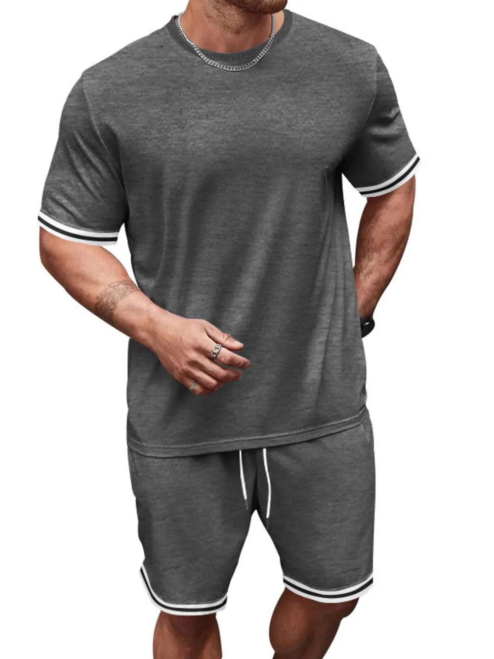 Men's Full Size Striped Short Sleeve Tee and Shorts Set Plus Size, image 7