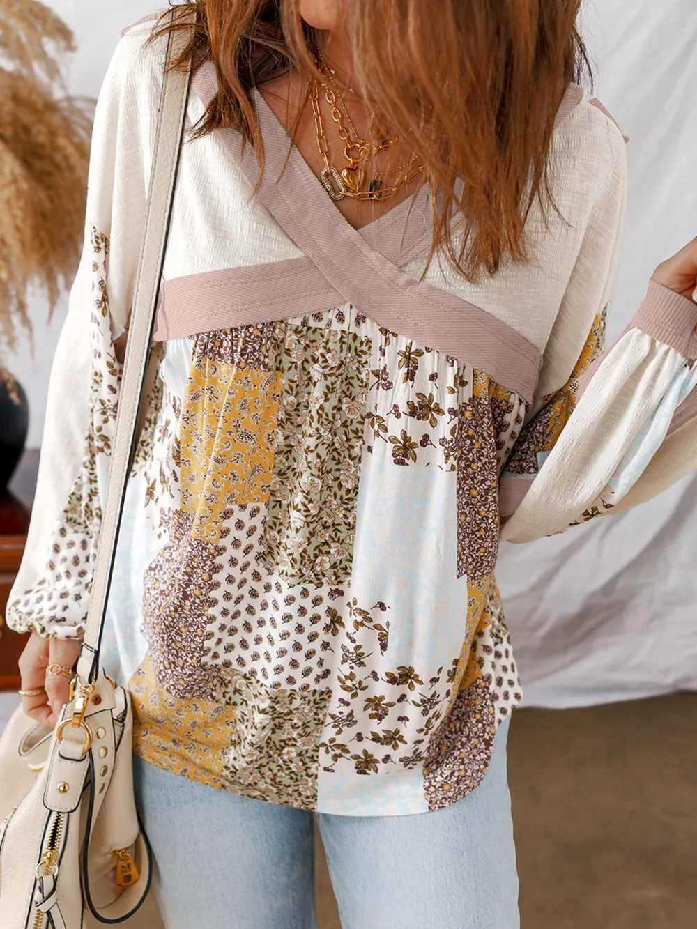 Floral Printed Contrast Patchwork Long Sleeve Top, image 4