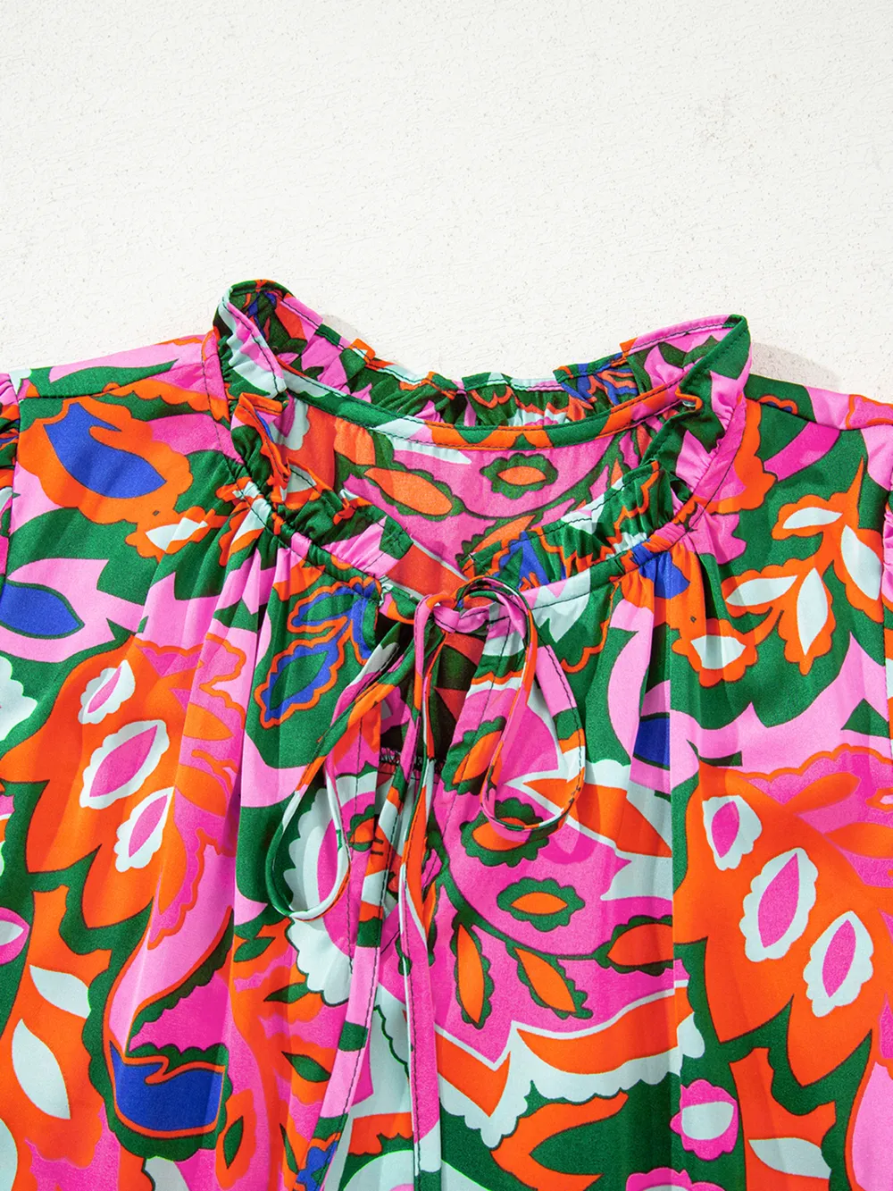 Tropical Print Short Sleeve Tie Neck Blouse, image 12