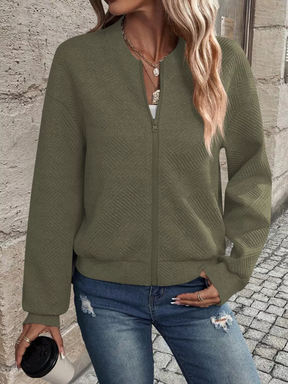 Full Size Zip Up Long Sleeve Textured Jacket Plus Size